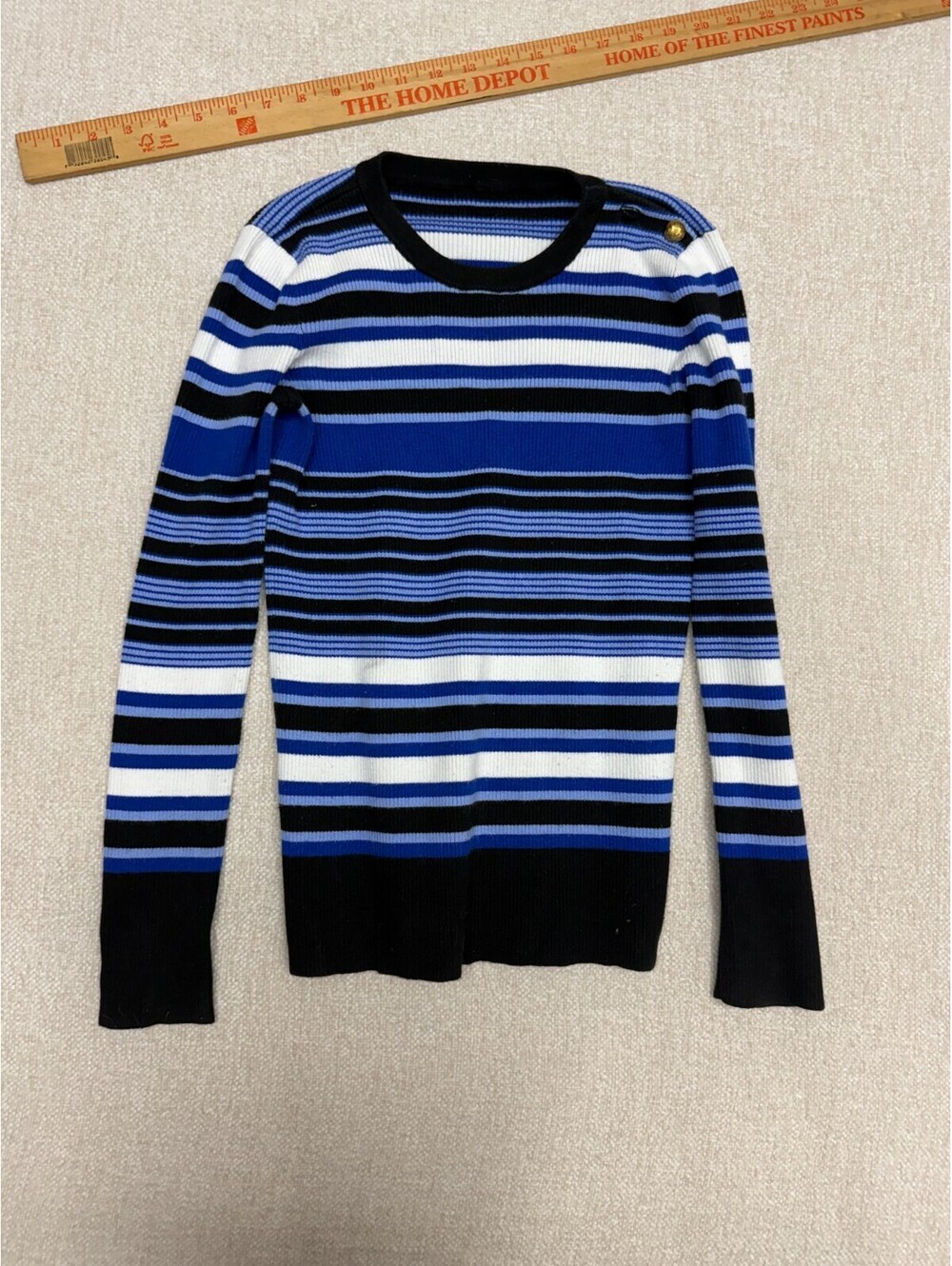 Blue Black White Striped Long Sleeve Ribbed Sweater Top Womens Size S Small Gold